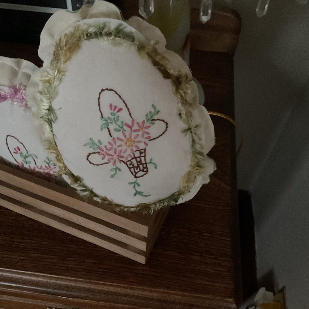 Easter decor; Embroidered Floral Decorative Eggs in a wooden crate.